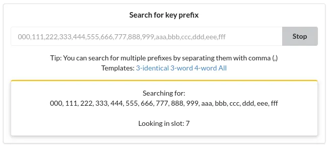 Example prefix search for keys starting with a repeated hex number